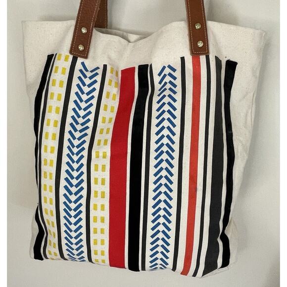 MIDORI Los Angeles Havana Striped Canvas Tote Bag Leather Straps African Print - Picture 3 of 12